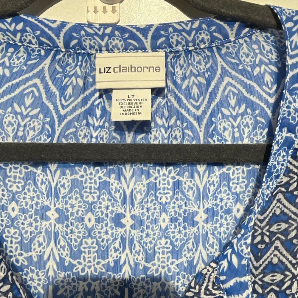 Liz Claiborne Womens Blue Tassel Tie Neck Tunic Sleeveless 2 in 1 Top Large Tall - Picture 4 of 12